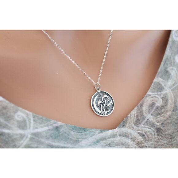 Sterling Silver Etched Mushroom and Moon Pendant Necklace - Picture 2 of 6